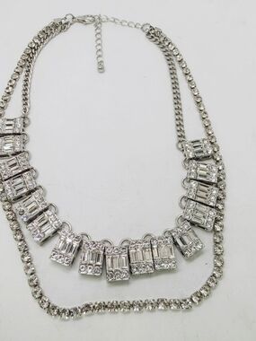 ​Art Deco Style Emerald Cut & Round Rhinestone Layered Bib Necklace Bride Glam